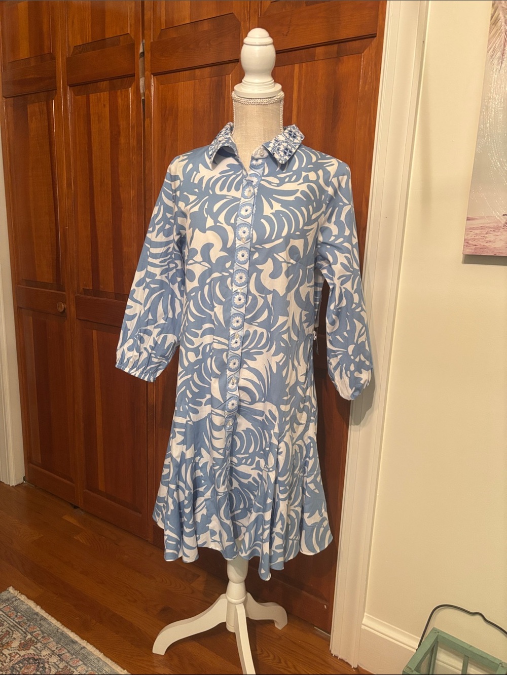 MSK Blue and White Button-Front A-Line Dress